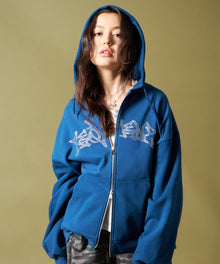 RHINE STONE ZIP P/K / ラインストーン ジップパーカー 裏起毛 フーディ スウェット ブルー