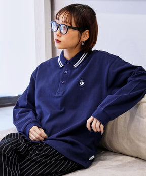 ラインリブロゴ刺繍ポロシャツ / ポロシャツ 鹿の子 Tシャツ 長袖 ワンポイント ネイビー