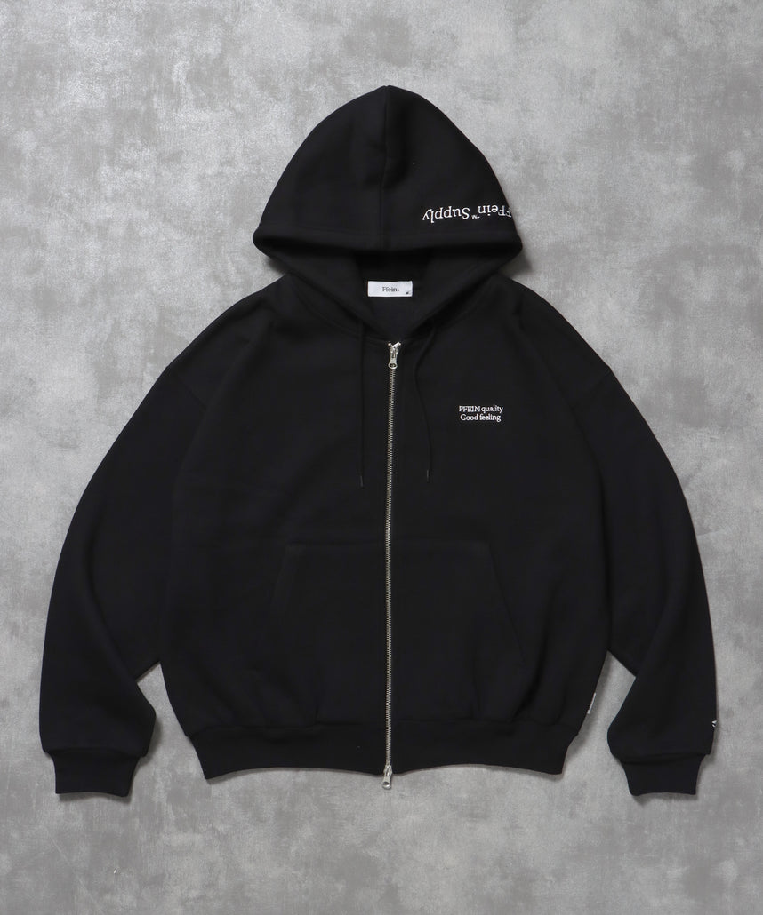 ヘビーウエイトフード刺繍ロゴジップパーカー / パーカー 裏起毛 ジップ 刺繍 ロゴ フーディ ダブルジップ ブラック