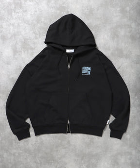 ヘビーウエイト3段ロゴメッセージジップパーカー / ジップ パーカー 裏毛 フーディ プルオーバー ブラック