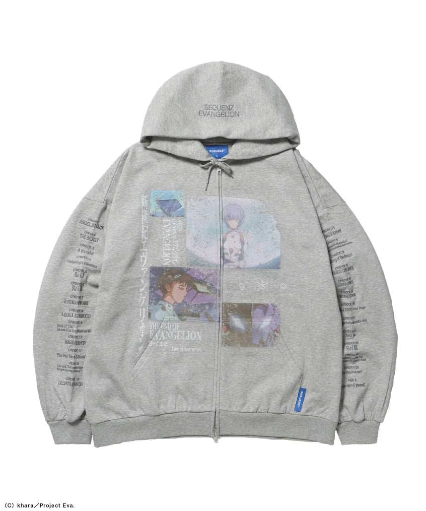 EVA BEST SCENE ZIP PK / オーバーサイズ ビッグシルエット ジップパーカー 刺繍 プリント フーディ 裏起毛 ユニセックス グレー
