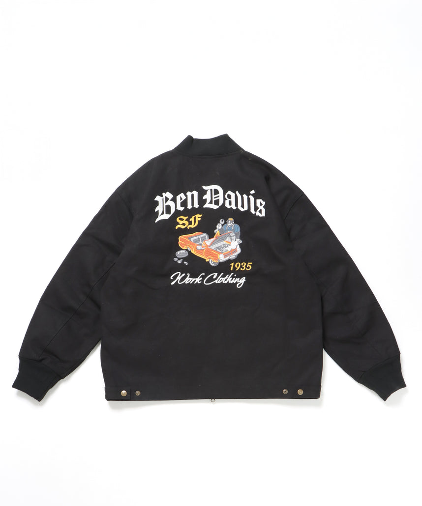 MECHANIC EMB RIBBED JACKET / ワーク ジャケット 刺繍 ジャケット ダック アウター ブラック