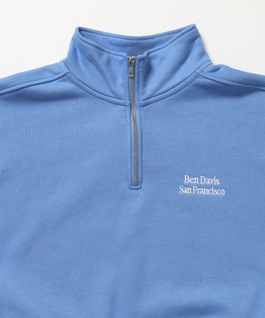 BD SWEAT HALF ZIP / スウェット ハーフジップ ワンポイント刺繍 裏起毛 サイドポケット ユニセックス スカイブルー