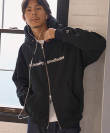 ヘビーウエイトセンターロゴ刺繍ZIPパーカー / パーカー 裏起毛 ジップ 刺繍 ロゴ フーディ バブルジップ ブラック