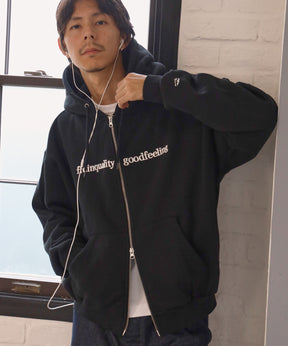 ヘビーウエイトセンターロゴ刺繍ZIPパーカー / パーカー 裏起毛 ジップ 刺繍 ロゴ フーディ バブルジップ ブラック