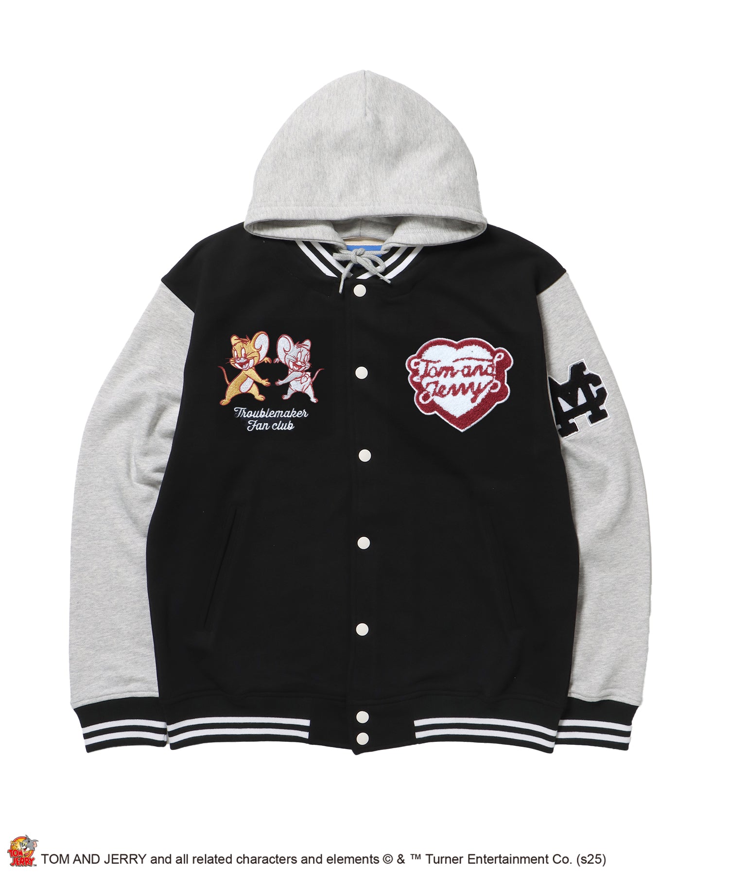 TJ HOODED STADIUM JACKET / 2WAY スタジャン フード取り外し可能 ドロップショルダー ワッペン 刺繍 ブラック