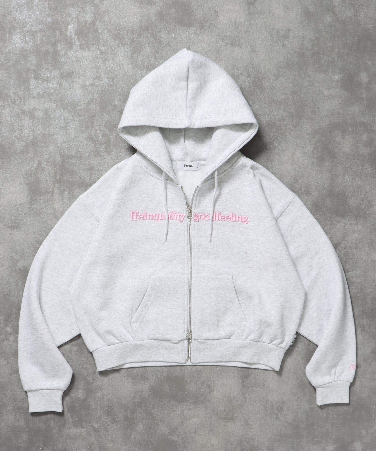 センター3D刺繍立体フードショート丈ZIPパーカー / レディース パーカー 裏起毛 ヘビーウエイト フーディ ダブルジップ 【短丈】 アッシュグレー