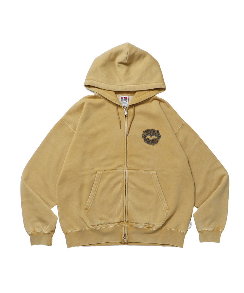 PATCHING BLEACH ZIP HOODIE / 加工 ジップパーカー ワッペン フーディ 裏起毛 マスタード