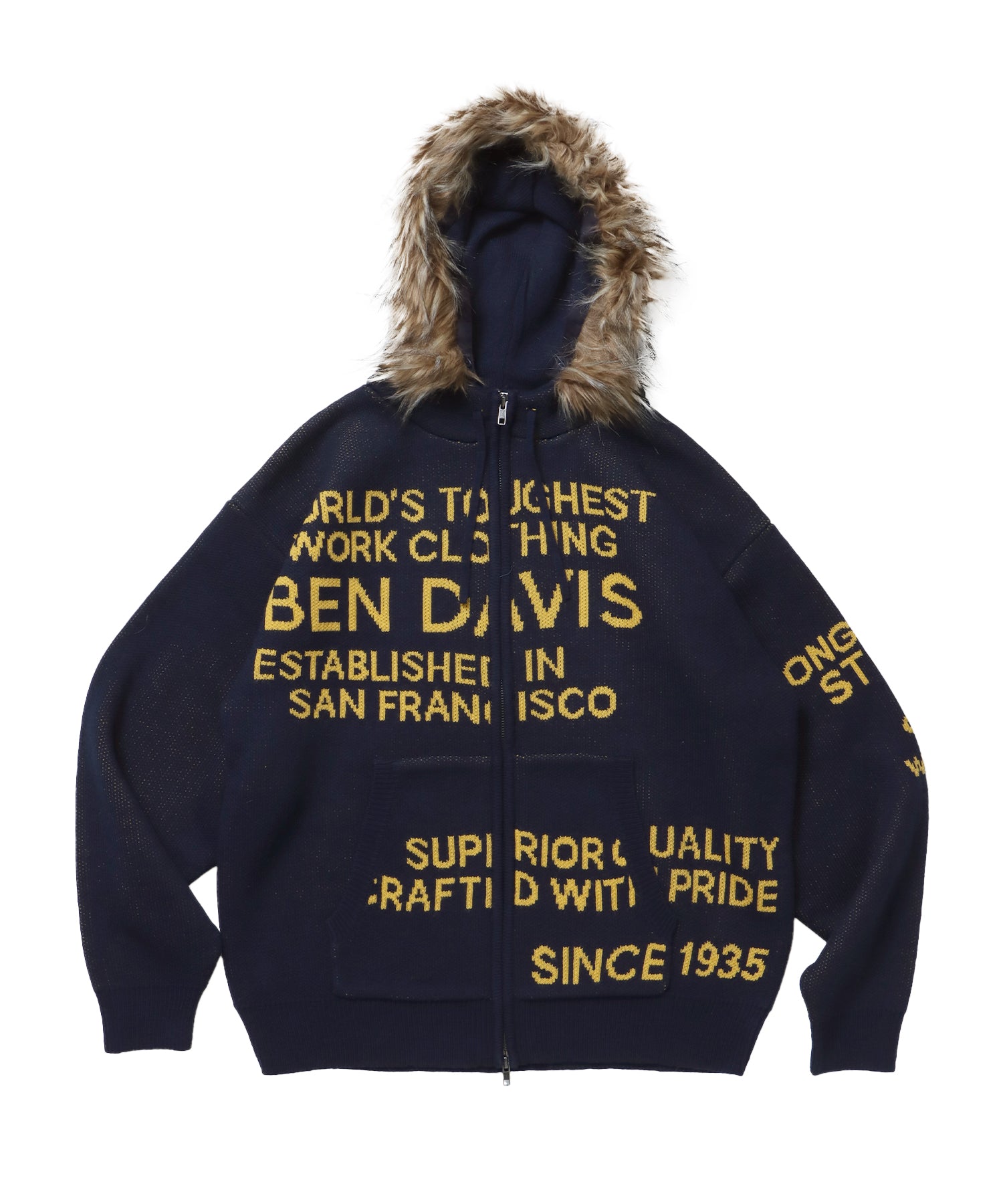 FAUX FUR TRIM KNIT JACKET / オーバーサイズ ニット ファー ジップパーカー フーディ ダブルジップ ネイビー