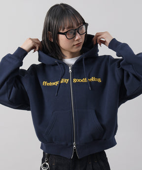 センター3D刺繍立体フードショート丈ZIPパーカー / レディース パーカー 裏起毛 ヘビーウエイト フーディ ダブルジップ 【短丈】 ネイビー