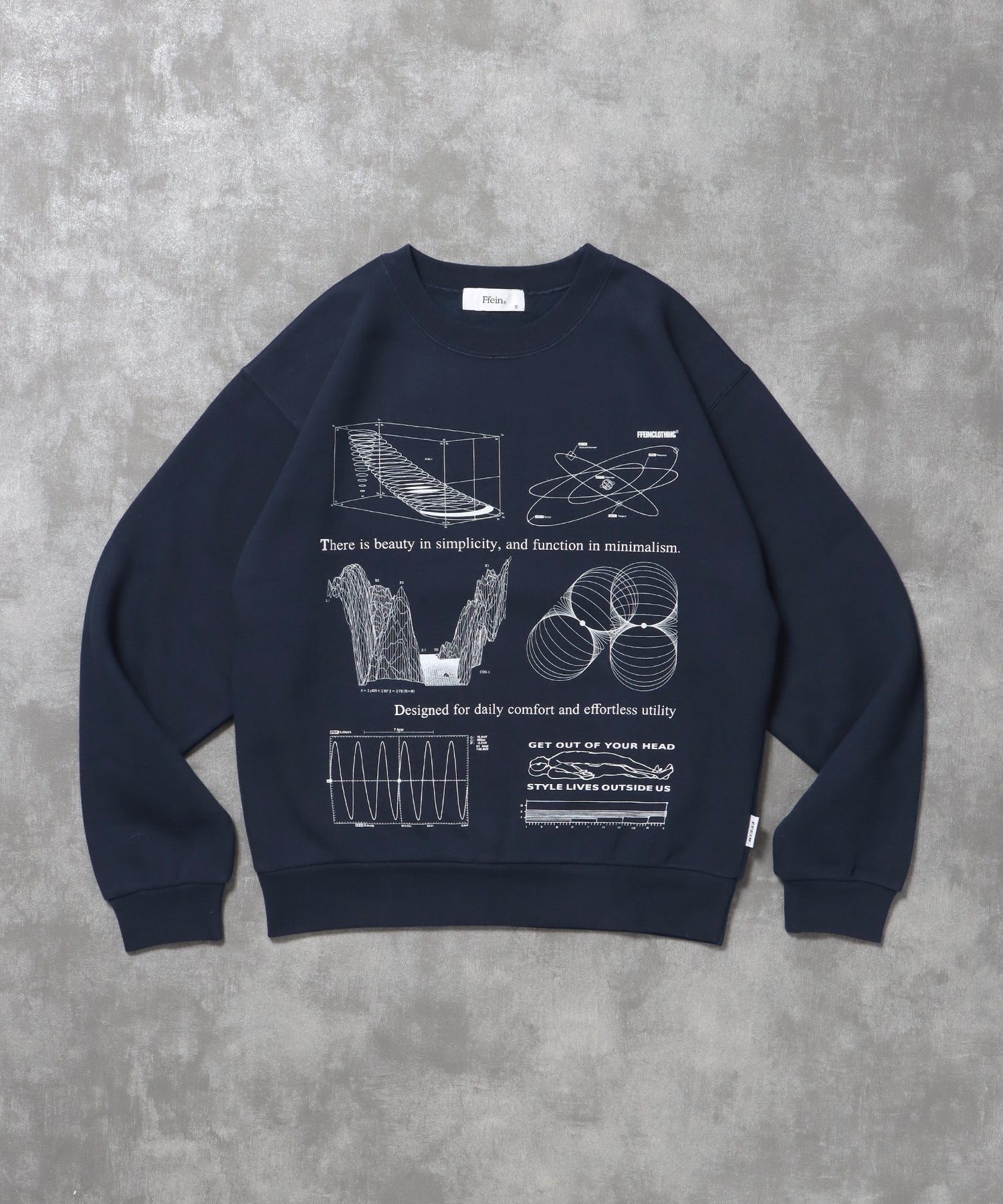ヘビーウエイト線画プリントスウェット / 裏起毛 スウェット クルーネック ワンポイント プリント ネイビー