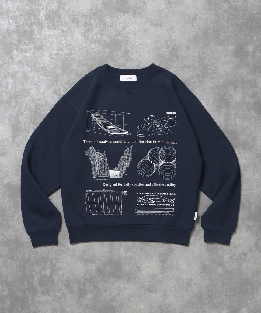 ヘビーウエイト線画プリントスウェット / 裏起毛 スウェット クルーネック ワンポイント プリント ネイビー