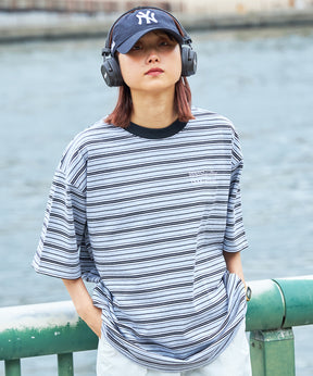 ロゴ刺繍マルチボーダー半袖Tシャツ グレー