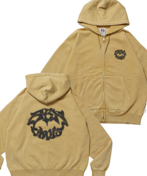 PATCHING BLEACH ZIP HOODIE / 加工 ジップパーカー ワッペン フーディ 裏起毛 マスタード