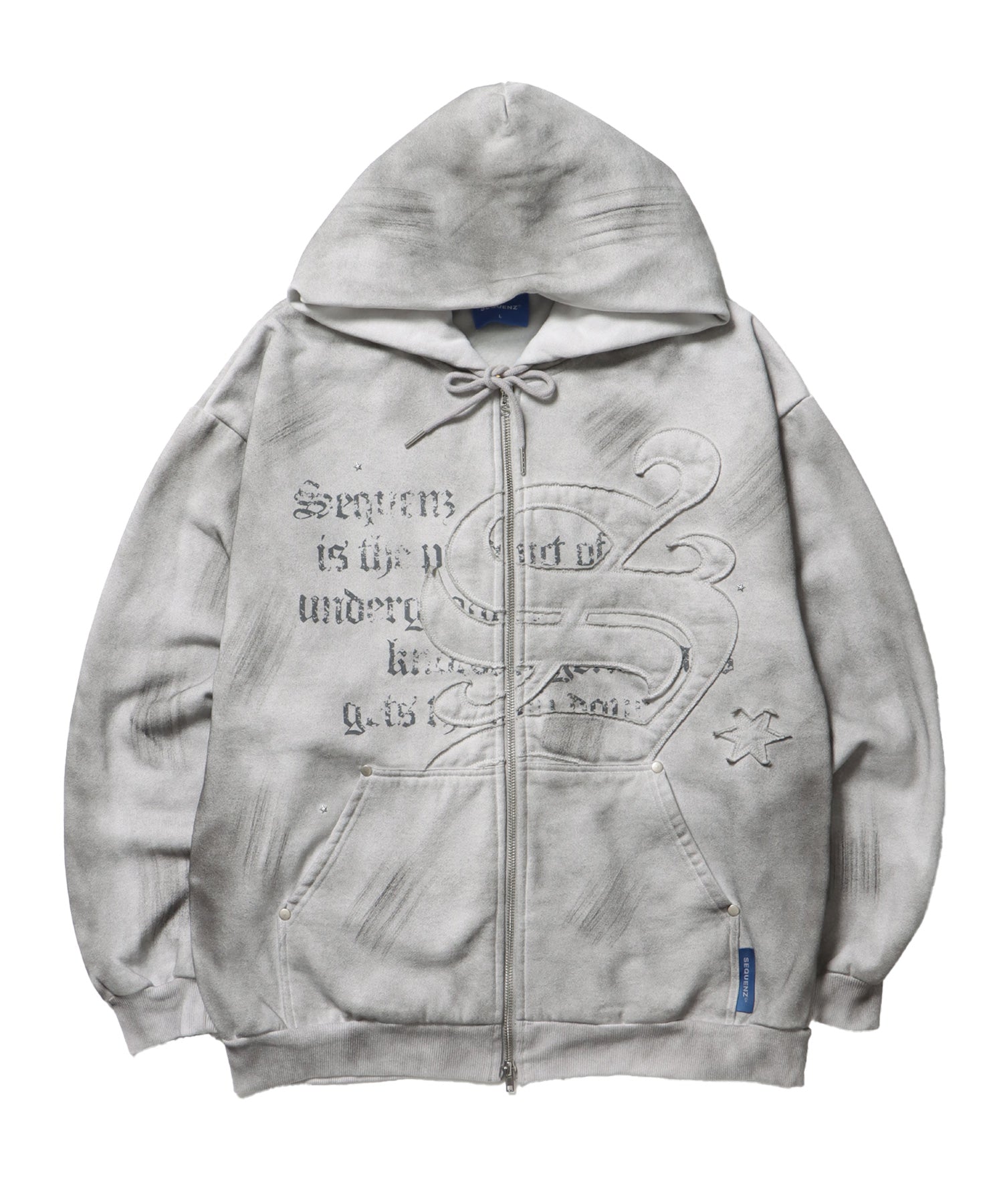 SQNZ ZIP P/K / ジップパーカー 裏起毛 フーディ スタッズ 加工 ワッペン プリント ライトグレー