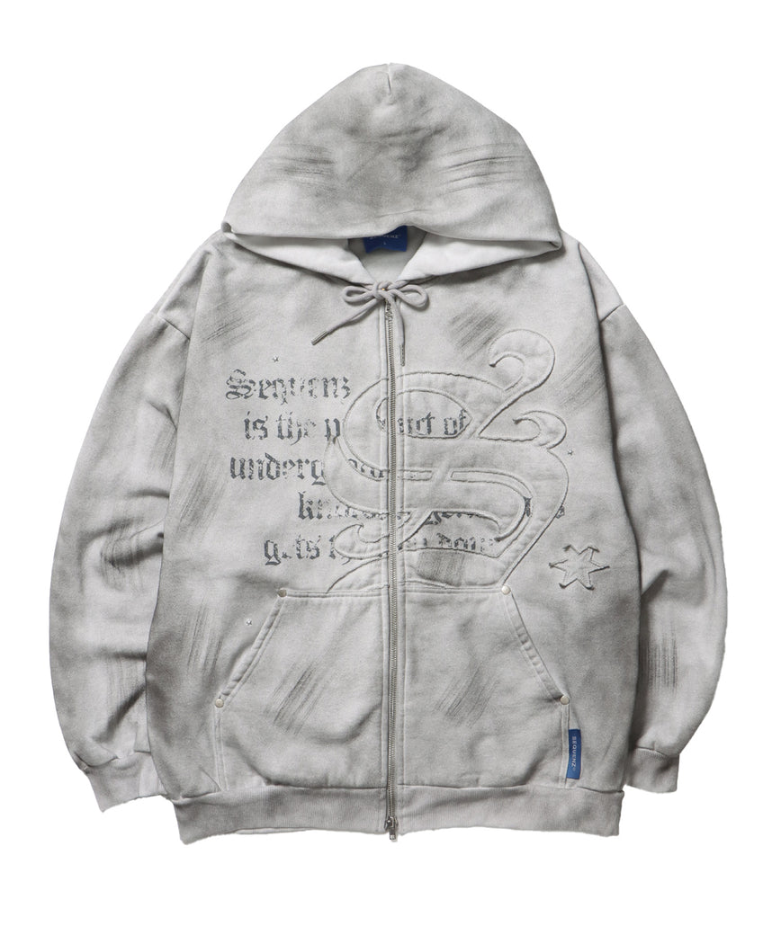 SQNZ ZIP P/K / ジップパーカー 裏起毛 フーディ スタッズ 加工 ワッペン プリント ライトグレー