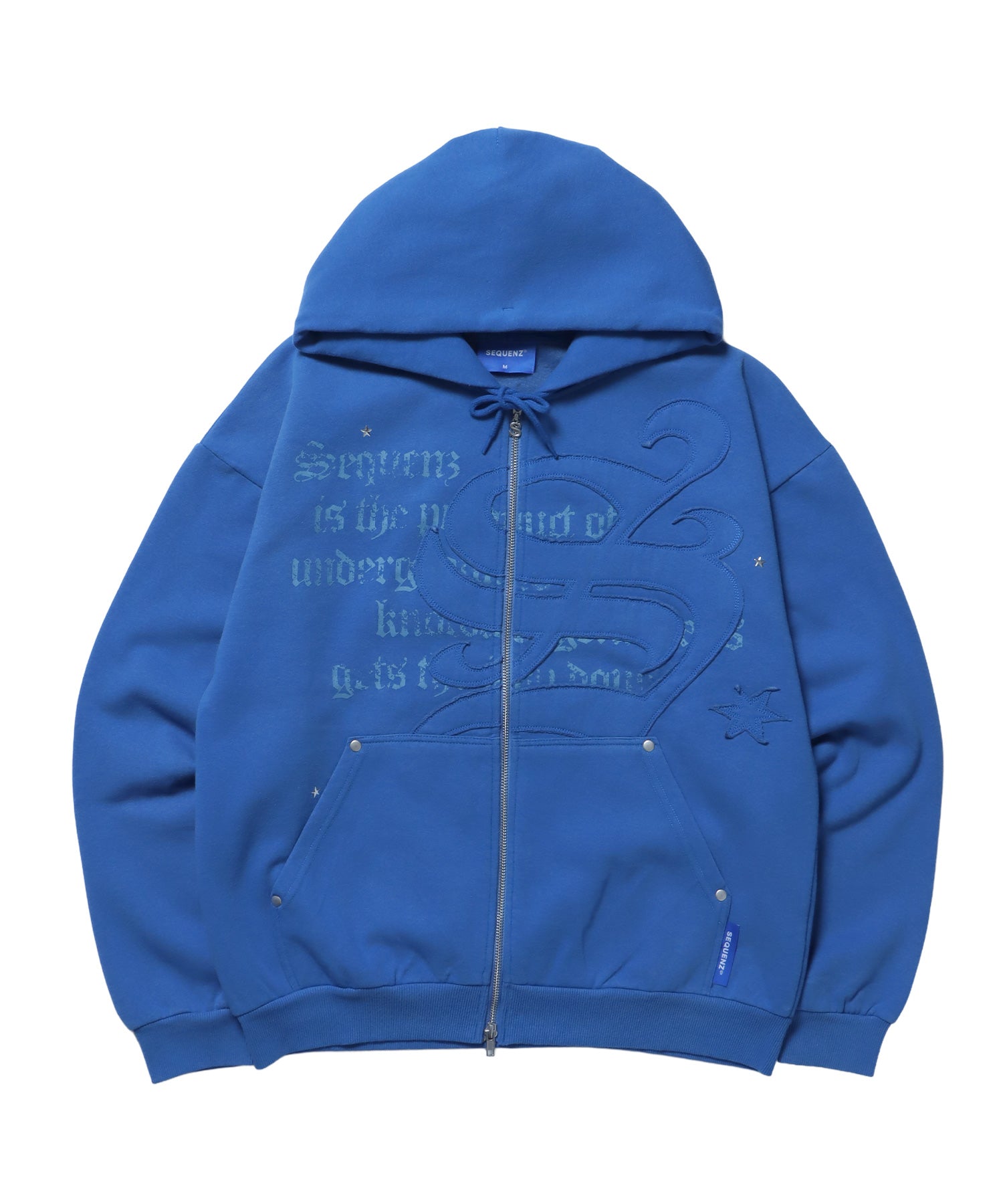SQNZ ZIP P/K / ジップパーカー 裏起毛 フーディ スタッズ 加工 ワッペン プリント ブルー