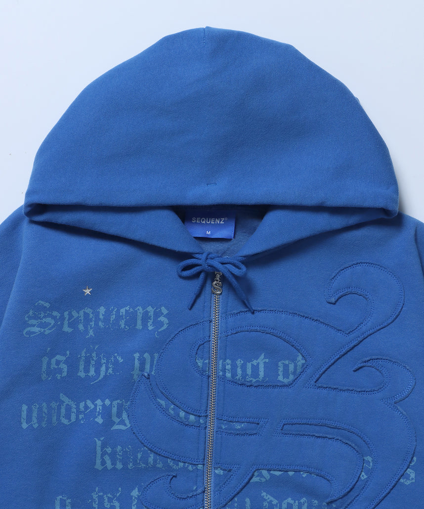 SQNZ ZIP P/K / ジップパーカー 裏起毛 フーディ スタッズ 加工 ワッペン プリント ブルー