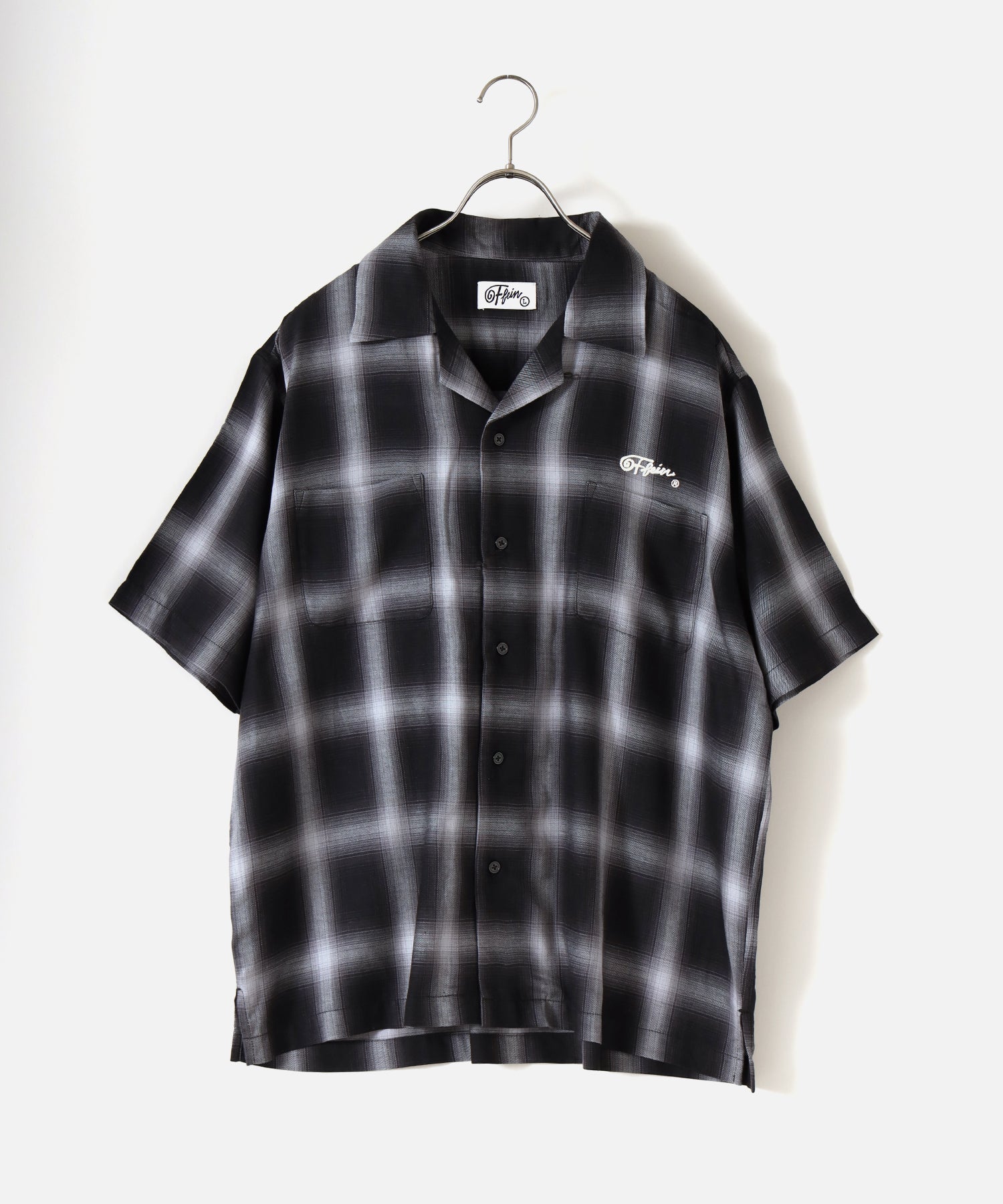 【FFEIN(フェイン)】 OMBRE CHECK EMB H/S SHIRT / オンブレチェック 刺繍 半袖 オープンカラー シャツ チャコール