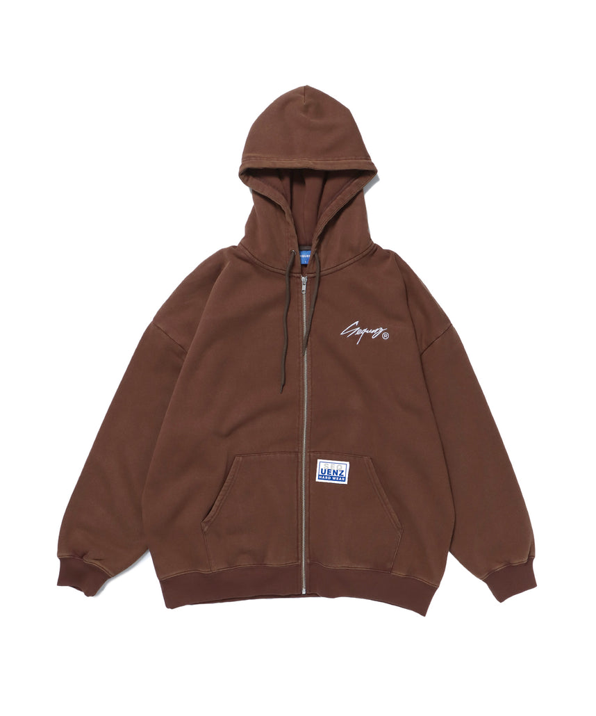 WORK AGING ZIP P/K / 古着風 シンプル ロゴ ワンポイント フルジップ パーカー モカ