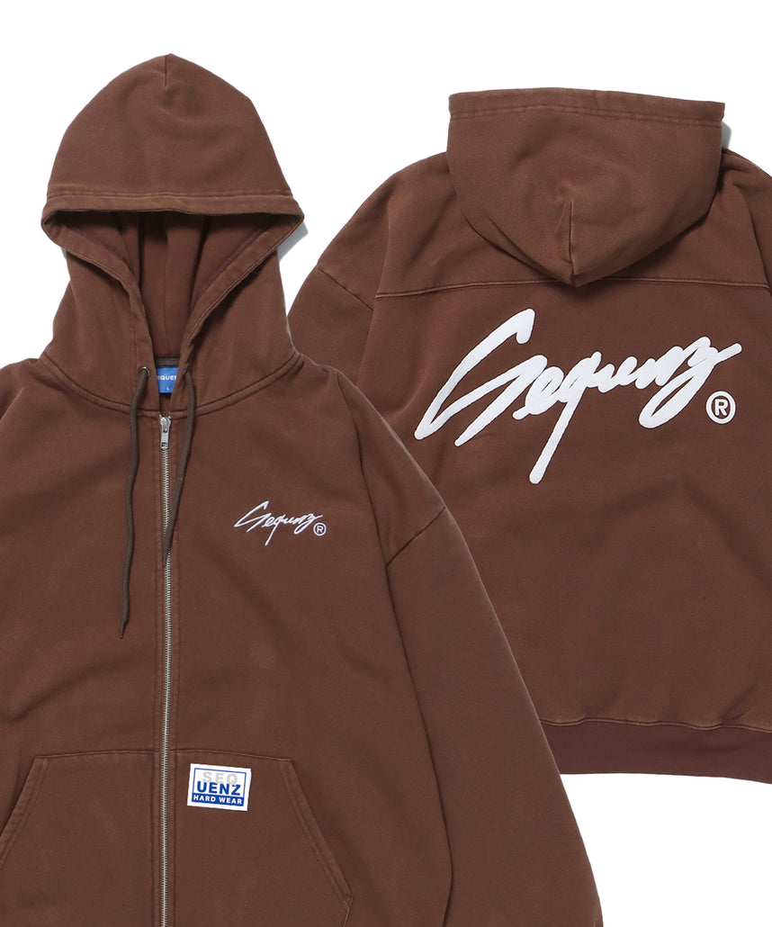 WORK AGING ZIP P/K / 古着風 シンプル ロゴ ワンポイント フルジップ パーカー モカ