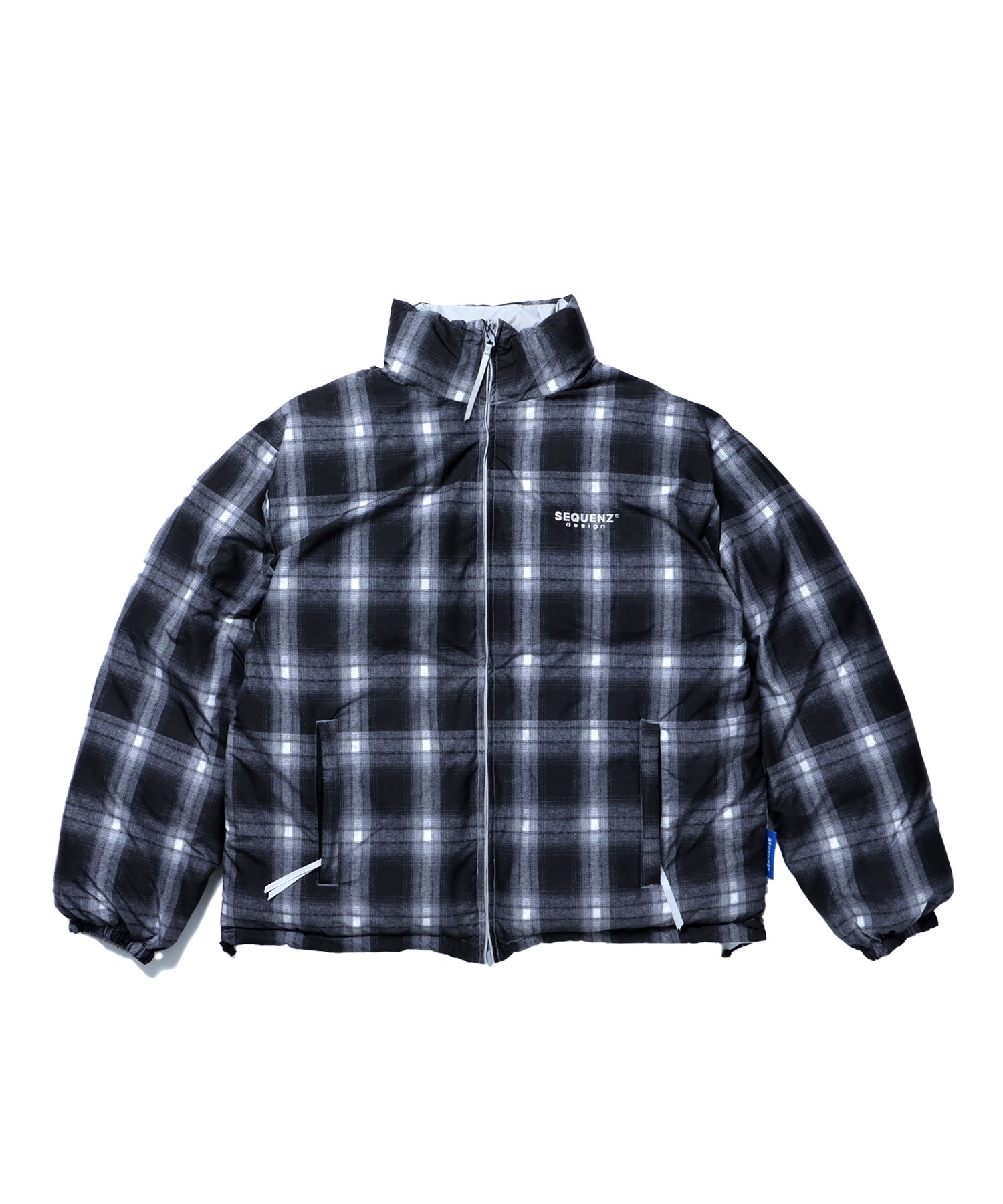【SEQUENZ】 REVERSIBLE SYNTHETIC DOWN JACKET / リバーシブル ナイロン スタンド ダウンジャケット ドローコード OMBRE CHECK×L.GRAY