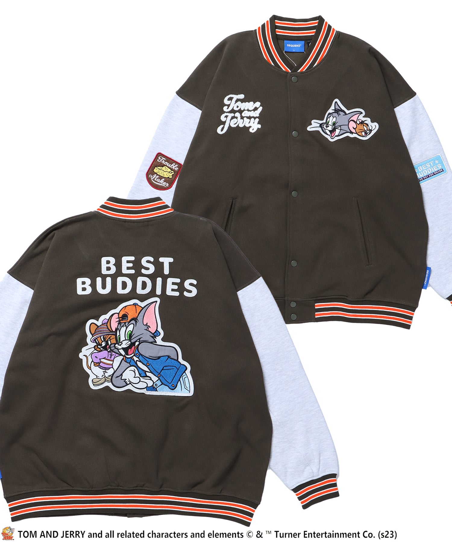 【SEQUENZ】 TOM and JERRY CLASSIC STADIUM JACKET / トムとジェリー ストリート アメリカン スタジャン サガラ刺繍 カーキ