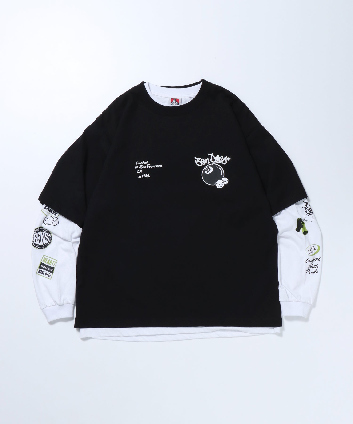 【BEN DAVIS(ベンデイビス)】 LS&SS 2TEES LAYERED(WIDE) / セット プリント レイヤード ロンT ビリヤード ブラック