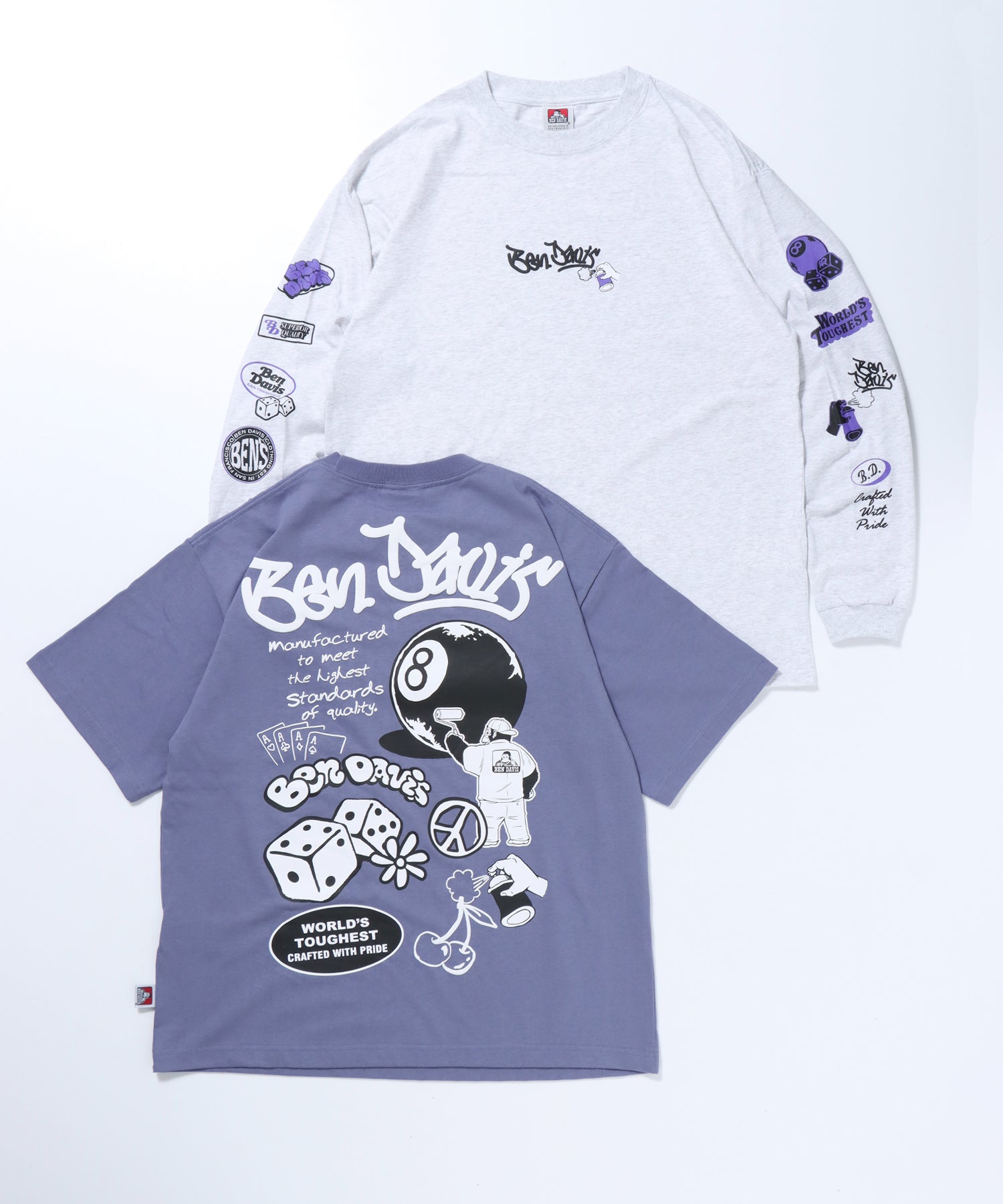 【BEN DAVIS(ベンデイビス)】 LS&SS 2TEES LAYERED(WIDE) / セット プリント レイヤード ロンT ビリヤード ダークパープル