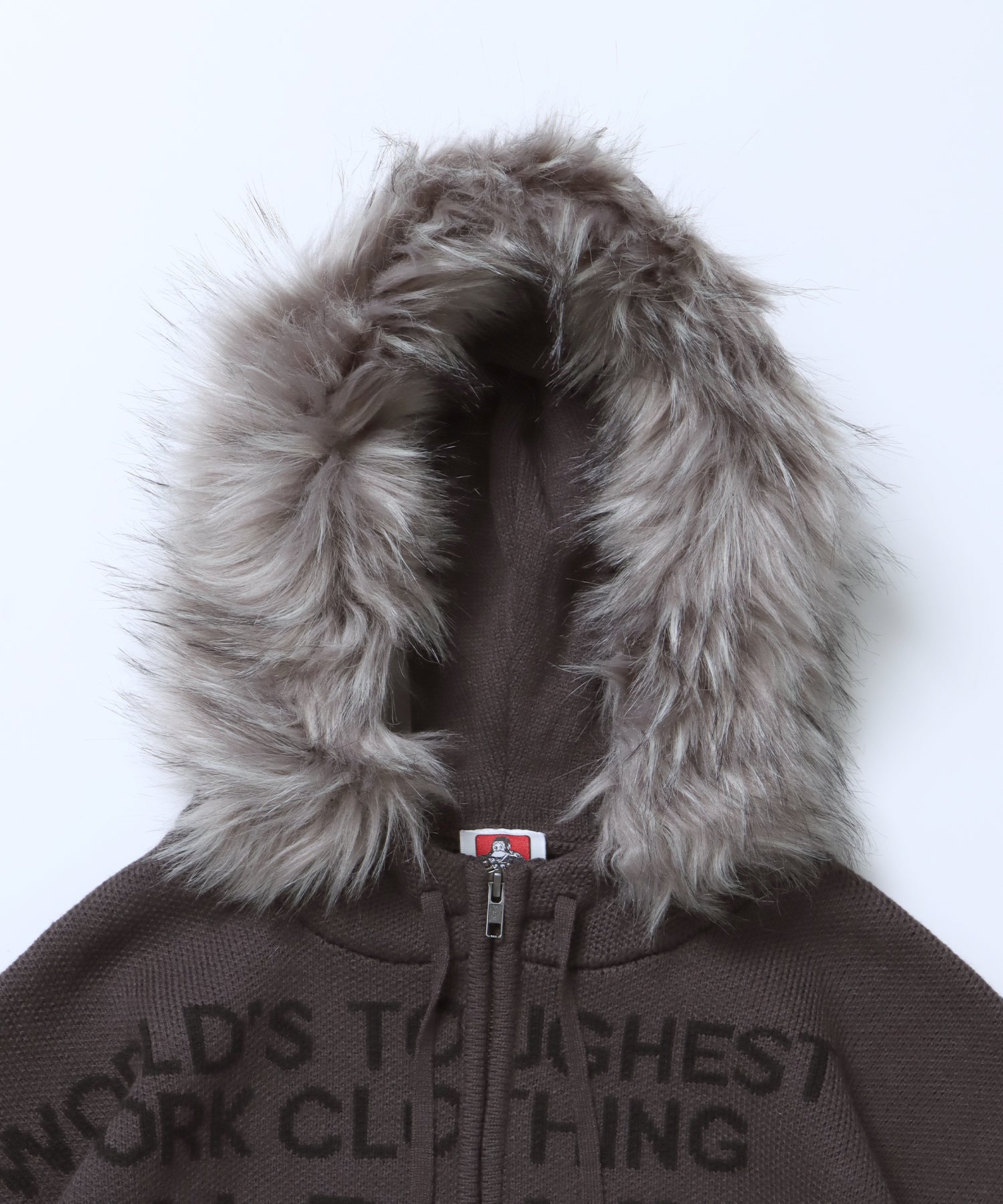FAUX FUR TRIM KNIT JACKET / オーバーサイズ ニット ファー ジップパーカー フーディ ダブルジップ チャコール