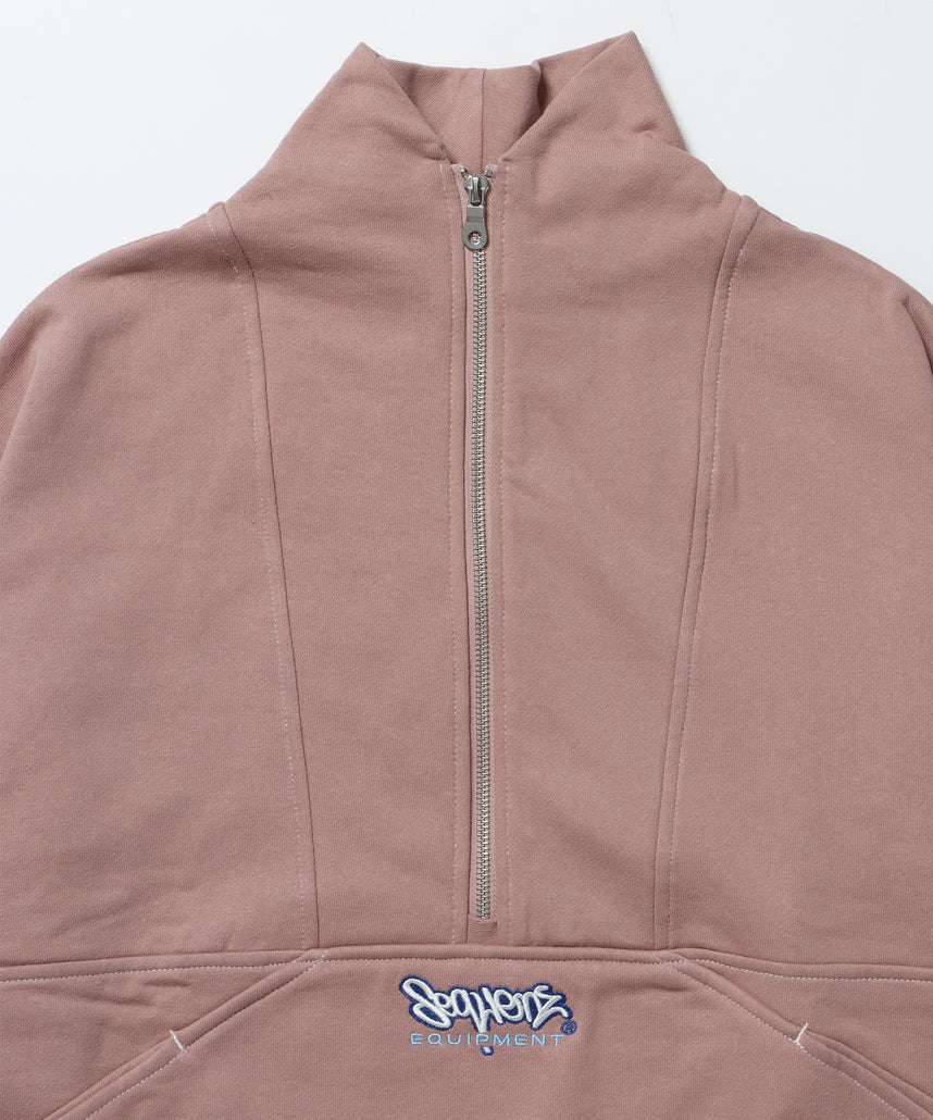 90s 1/2 ZIP SWEAT / 裏起毛 オーバーサイズ プルオーバー スウェット ルーズシルエット ハーフジップ 刺繍 ポケット ジップアップ セットアップ ピンク ≪SET UP着用可能≫