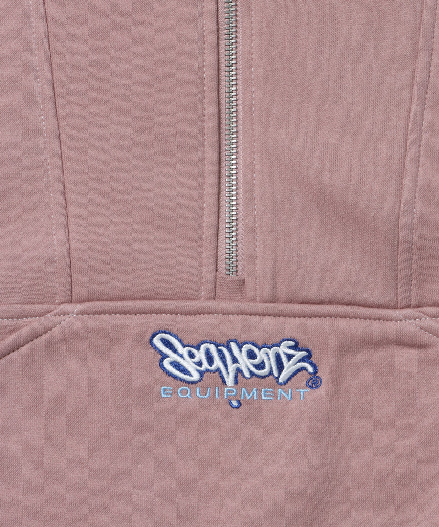 90s 1/2 ZIP SWEAT / 裏起毛 オーバーサイズ プルオーバー スウェット ルーズシルエット ハーフジップ 刺繍 ポケット ジップアップ セットアップ ピンク ≪SET UP着用可能≫