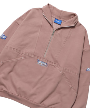 90s 1/2 ZIP SWEAT / 裏起毛 オーバーサイズ プルオーバー スウェット ルーズシルエット ハーフジップ 刺繍 ポケット ジップアップ セットアップ ピンク ≪SET UP着用可能≫