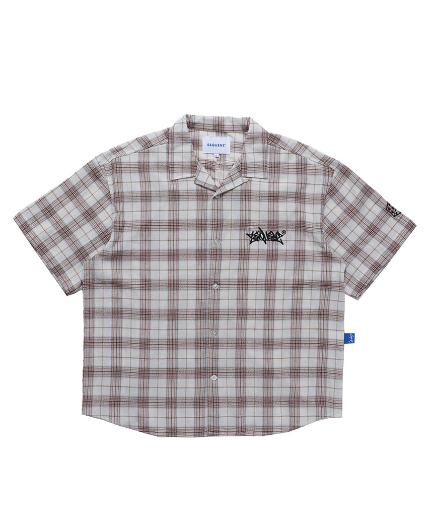 GRANGE CHECK OPEN COLLAR S/S SHIRT / 半袖シャツ オープンカラー 刺繍ロゴ チェック グランジ ベージュ