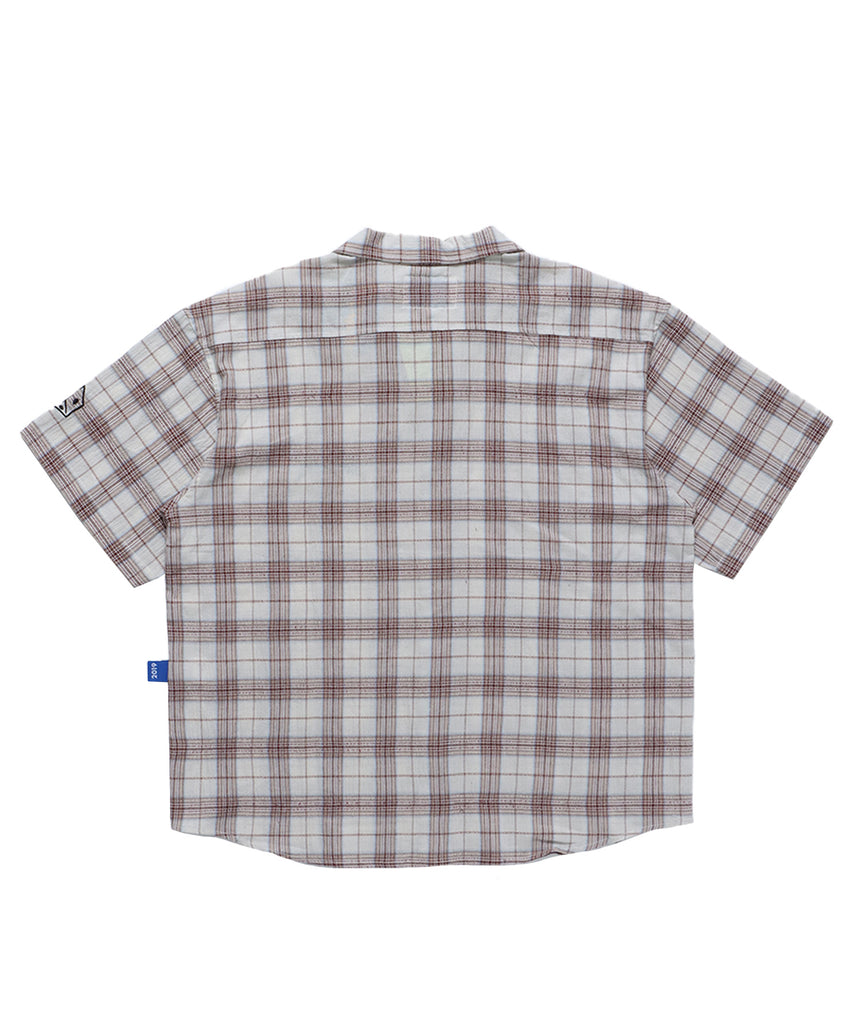 GRANGE CHECK OPEN COLLAR S/S SHIRT / 半袖シャツ オープンカラー 刺繍ロゴ チェック グランジ ベージュ