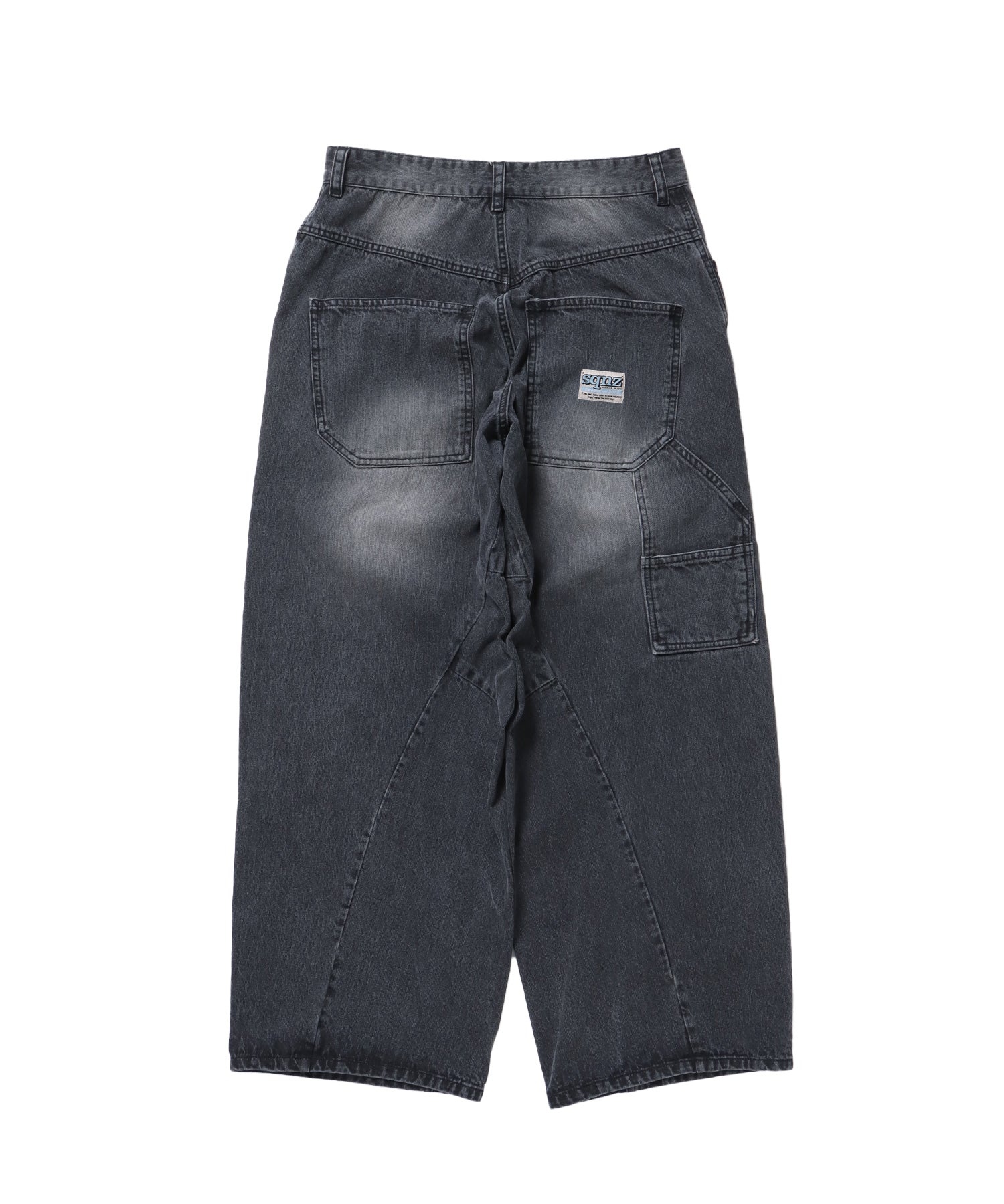 sqnz washed curve denim pants / カーブデニム ワイドパンツ ヴィンテージライク オーバーダイ ブラック ≪SET UP着用可能≫