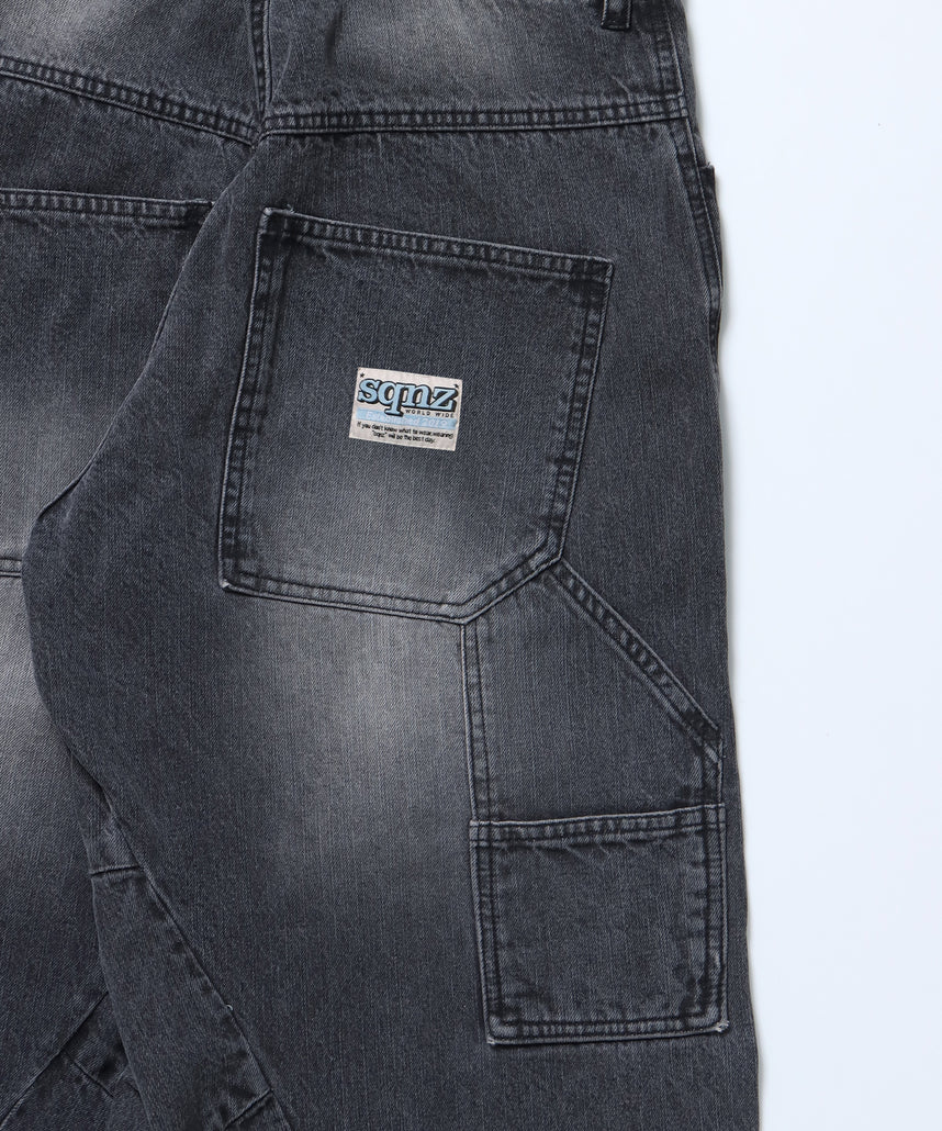sqnz washed curve denim pants / カーブデニム ワイドパンツ ヴィンテージライク オーバーダイ ブラック ≪SET UP着用可能≫
