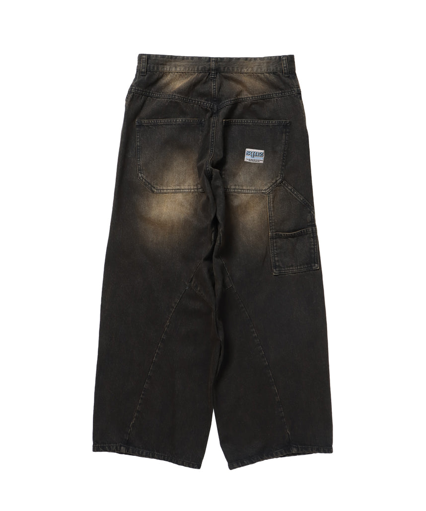 sqnz twist drape denim pants / ツイストドレープデニム カーブデニム ワイドパンツ ヴィンテージライク オーバーダイ≪SET UP着用可能≫