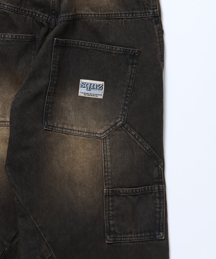 sqnz twist drape denim pants / ツイストドレープデニム カーブデニム ワイドパンツ ヴィンテージライク オーバーダイ≪SET UP着用可能≫