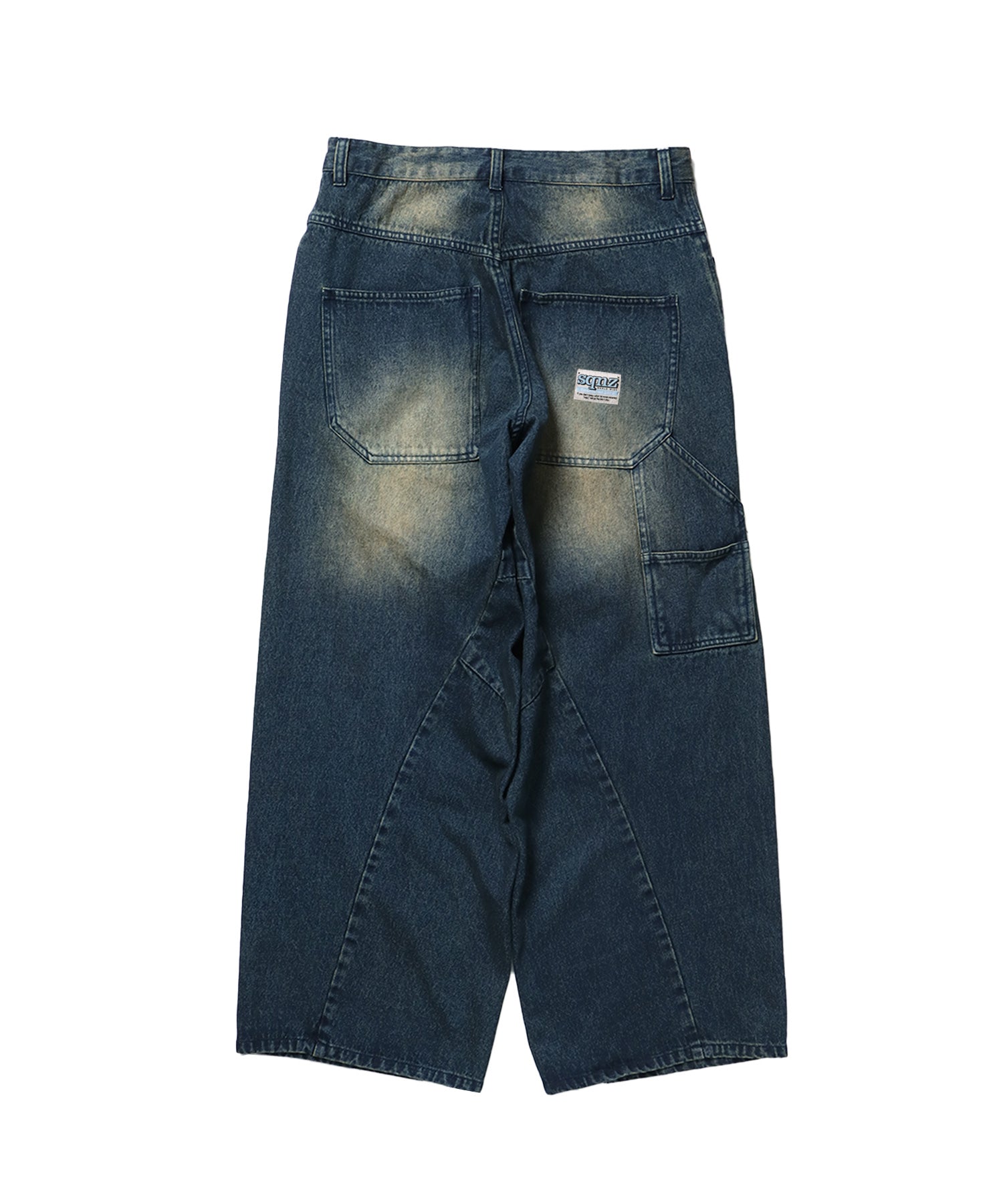 sqnz washed curve denim pants / カーブデニム ワイドパンツ ヴィンテージライク オーバーダイ ブルー ≪SET UP着用可能≫