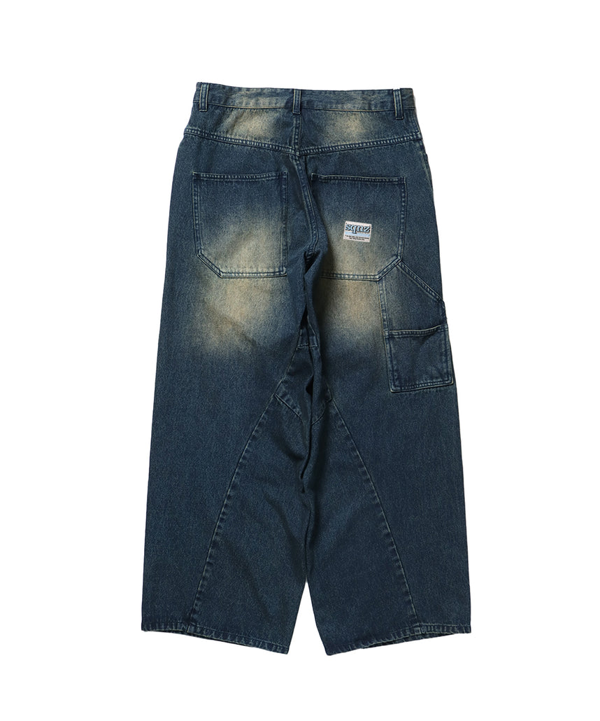 sqnz washed curve denim pants / カーブデニム ワイドパンツ ヴィンテージライク オーバーダイ ブルー ≪SET UP着用可能≫