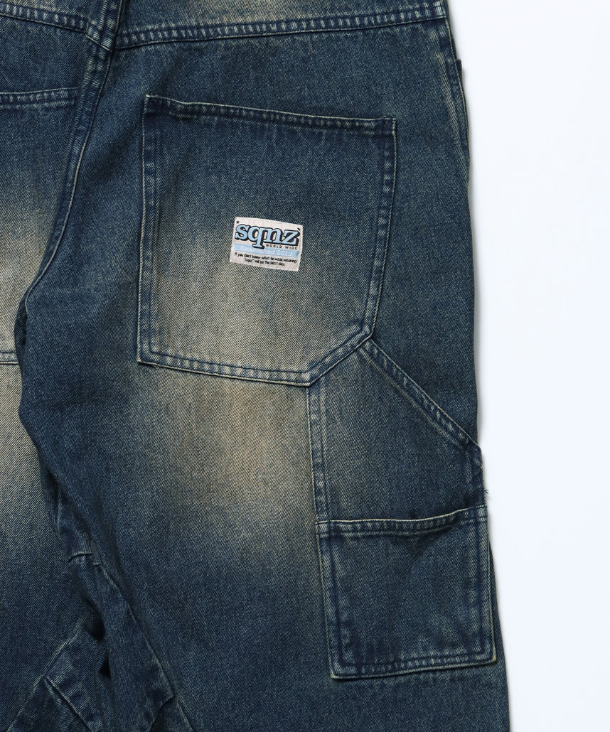 sqnz washed curve denim pants / カーブデニム ワイドパンツ ヴィンテージライク オーバーダイ ブルー ≪SET UP着用可能≫