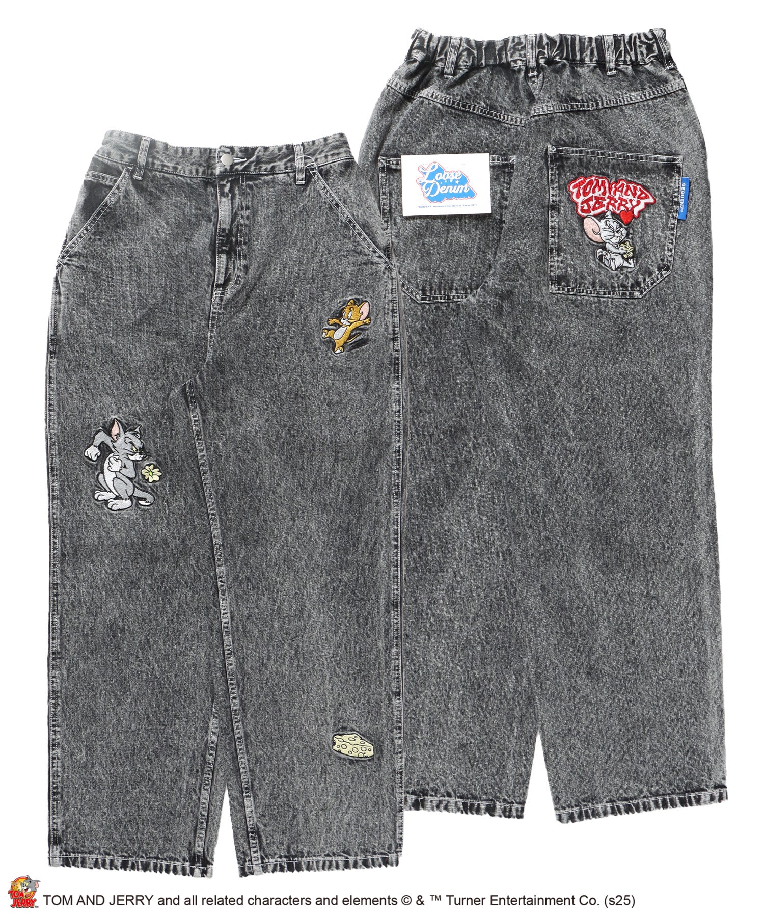 【SEQUENZ(シークエンズ)】TJ CHASE DENIM PANTS / トムとジェリー パンツ 長ズボン ワンポイント 刺繍 ブラック