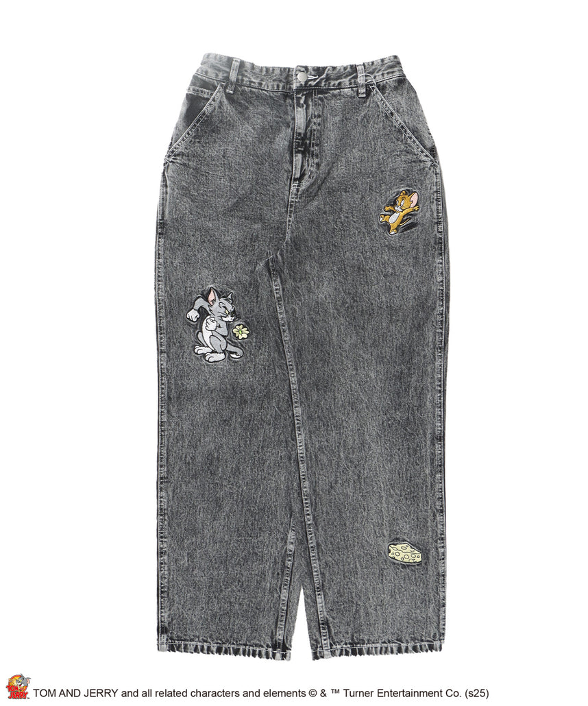 【SEQUENZ(シークエンズ)】TJ CHASE DENIM PANTS / トムとジェリー パンツ 長ズボン ワンポイント 刺繍 ブラック