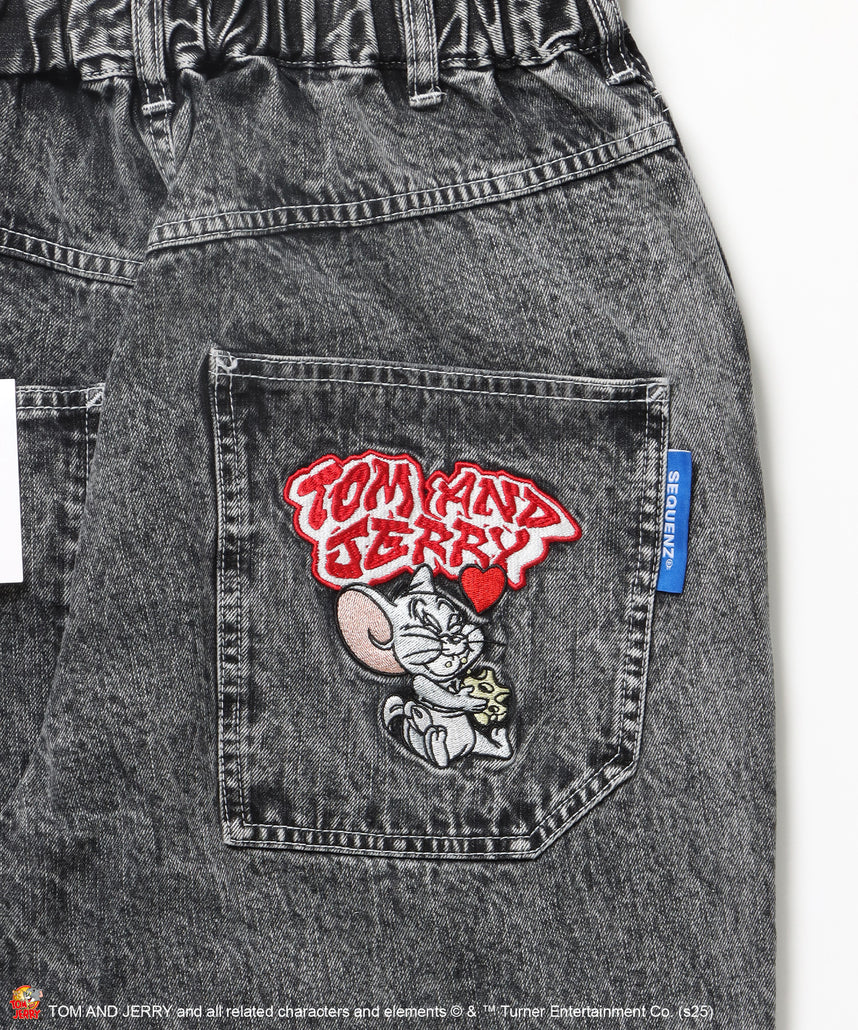 【SEQUENZ(シークエンズ)】TJ CHASE DENIM PANTS / トムとジェリー パンツ 長ズボン ワンポイント 刺繍 ブラック
