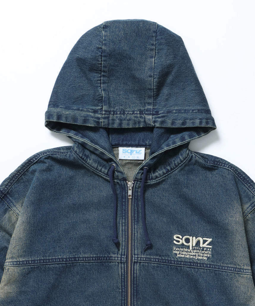 sqnz washed denim jacket / ジップパーカー フルジップ ヴィンテージライク フード オーバーダイ ブルー ≪SET UP着用可能≫