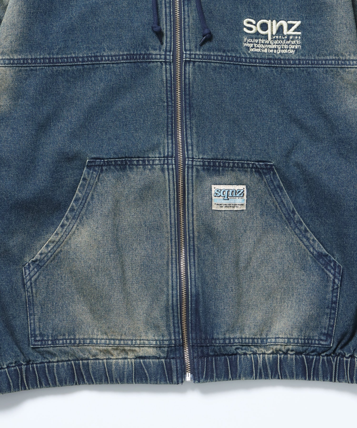 sqnz washed denim jacket / ジップパーカー フルジップ ヴィンテージライク フード オーバーダイ ブルー ≪SET UP着用可能≫