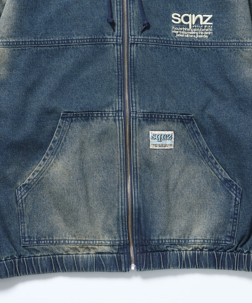 sqnz washed denim jacket / ジップパーカー フルジップ ヴィンテージライク フード オーバーダイ ブルー ≪SET UP着用可能≫
