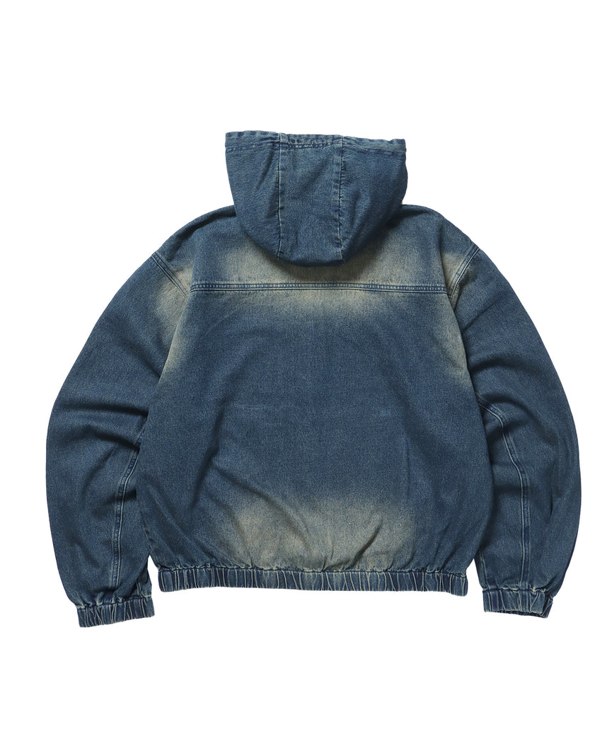 sqnz washed denim jacket / ジップパーカー フルジップ ヴィンテージライク フード オーバーダイ ブルー ≪SET UP着用可能≫