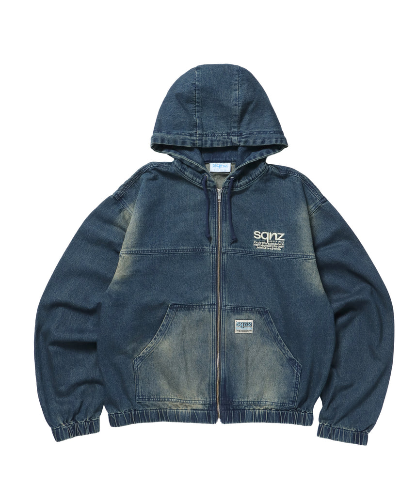 sqnz washed denim jacket / ジップパーカー フルジップ ヴィンテージライク フード オーバーダイ ブルー ≪SET UP着用可能≫